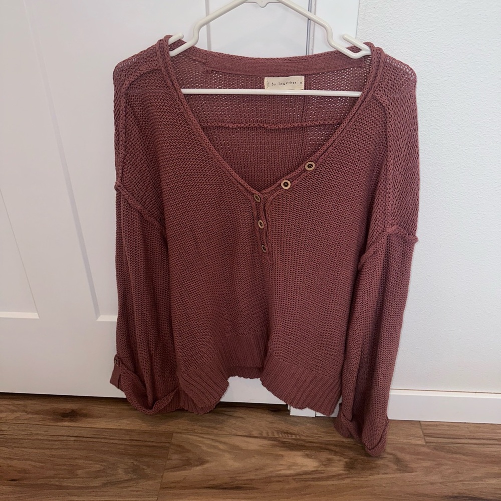 Together Rose-Mauve Button V-Neck Knit Top